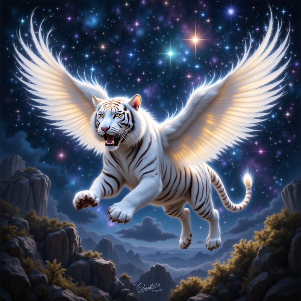 Majestic White Tiger Soars Through Cosmic Sky