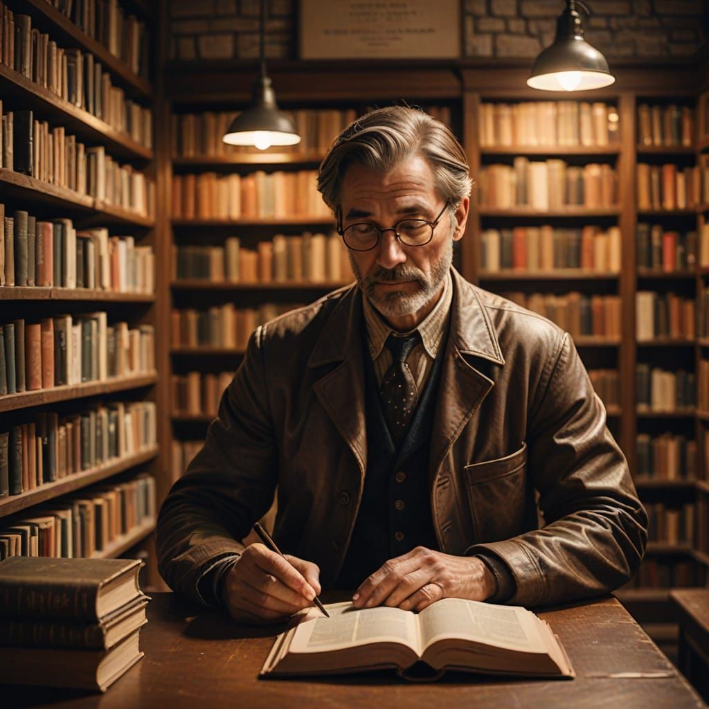 Cozy Library Moment with Warm Golden Lighting