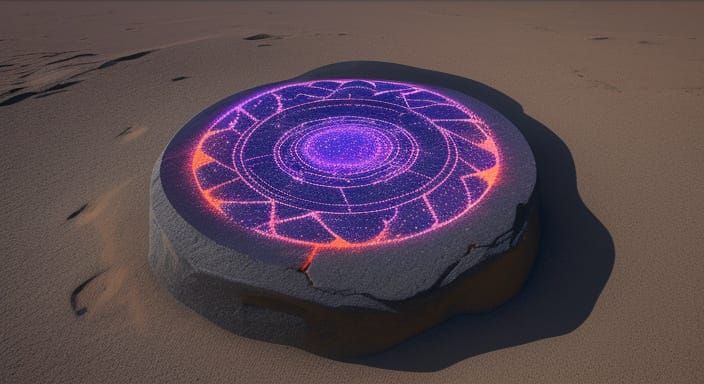 Surreal Stone with Cosmic Glyphs in Twilight Desert