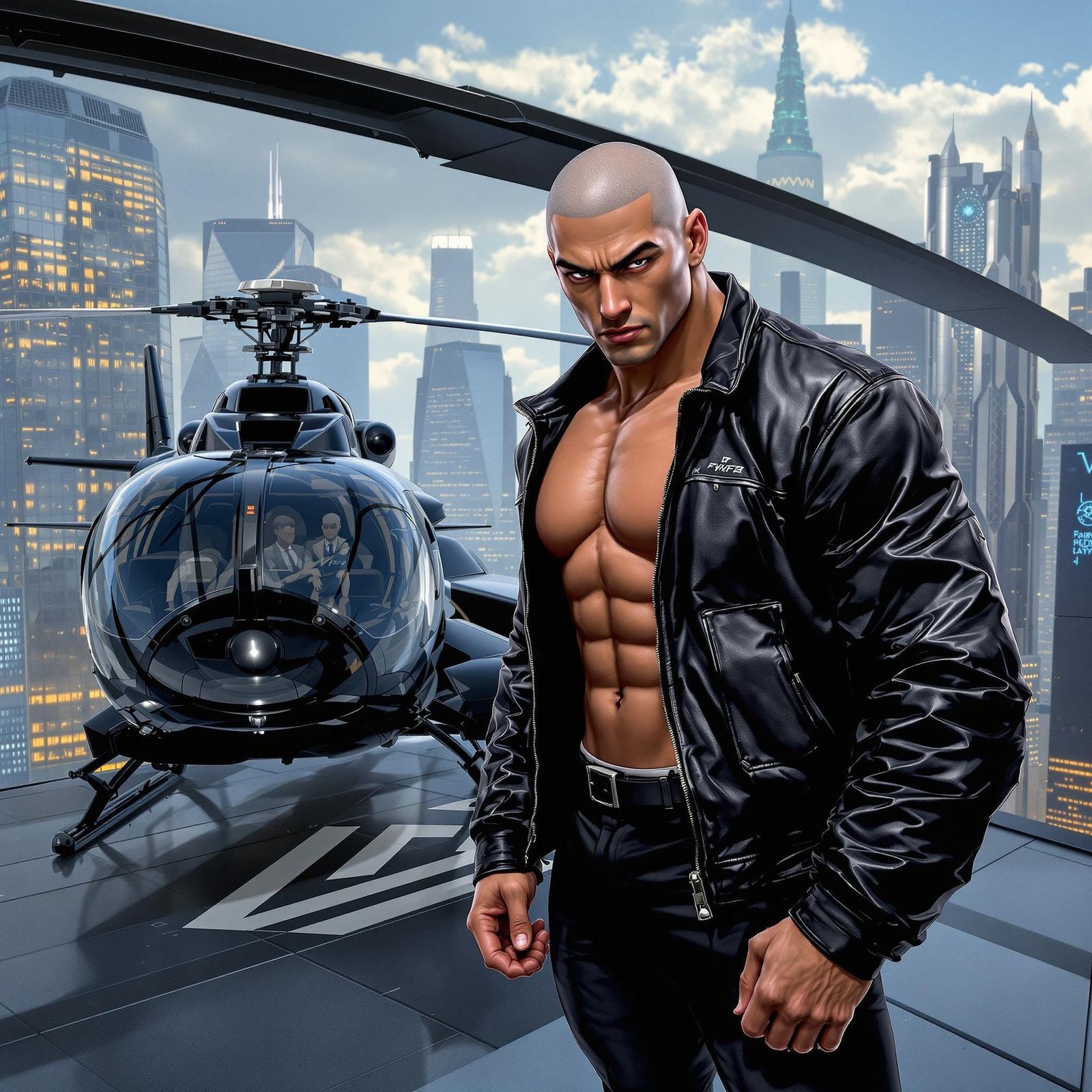 Hyperrealistic Asian and Nordic Men on Skyscraper Roof