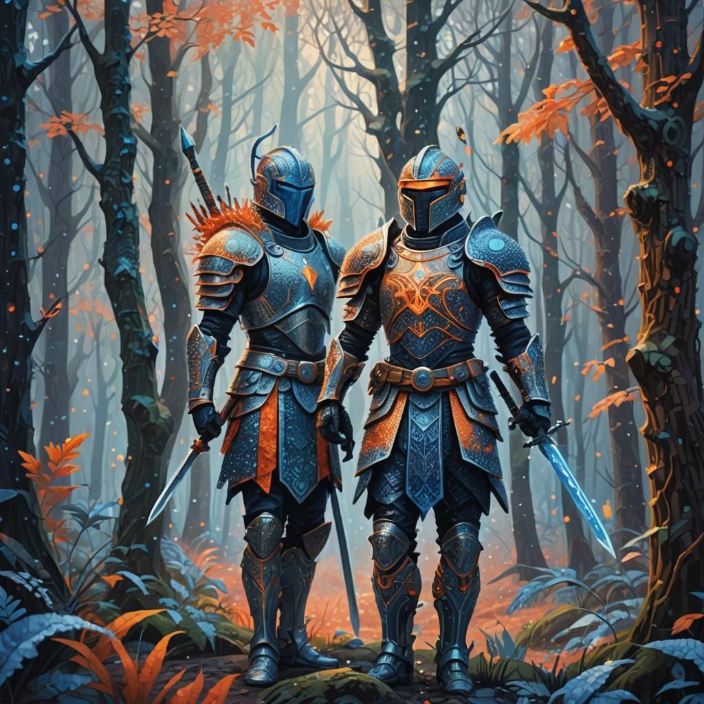 Futuristic Warrior in Mystical Forest as Pointillism Art