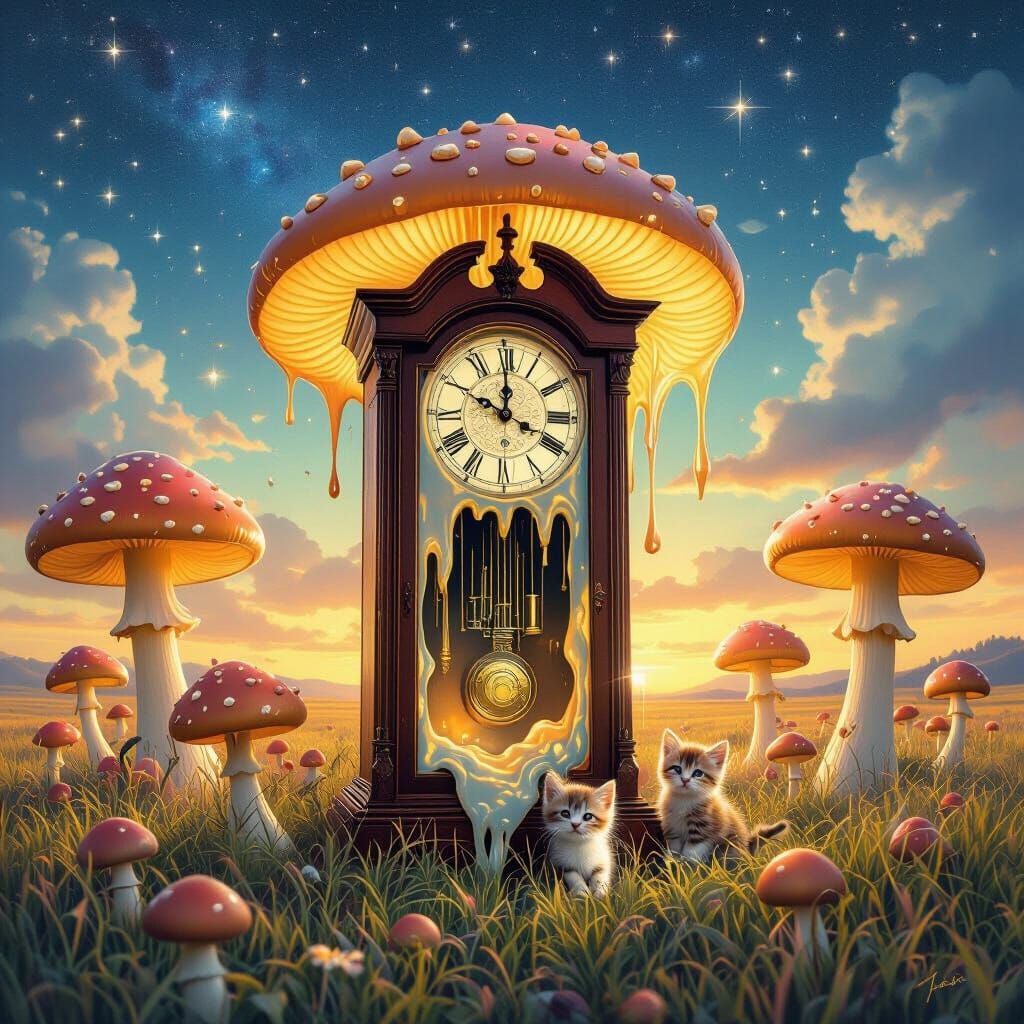 Melting Clock in Mushroom Field: Surreal Dreamscape