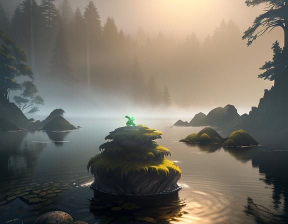 Amphibioid Woman Sits by Misty Lake: 3D Game Art