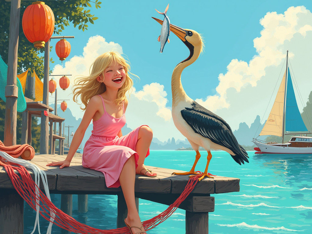 Joyful Woman and Cormorant in Vietnamese Harbor