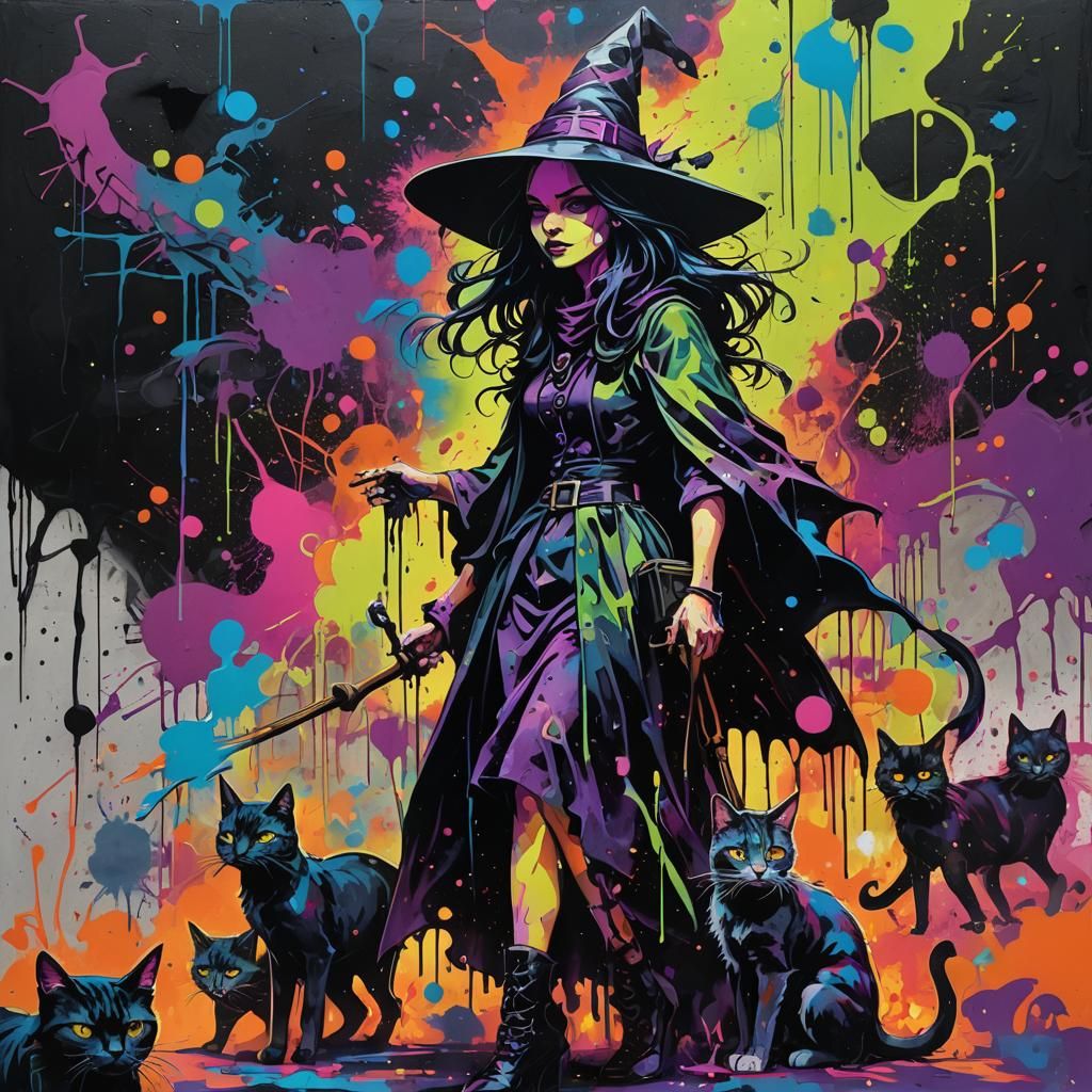 Vibrant Graffiti Art: Witch and Cats