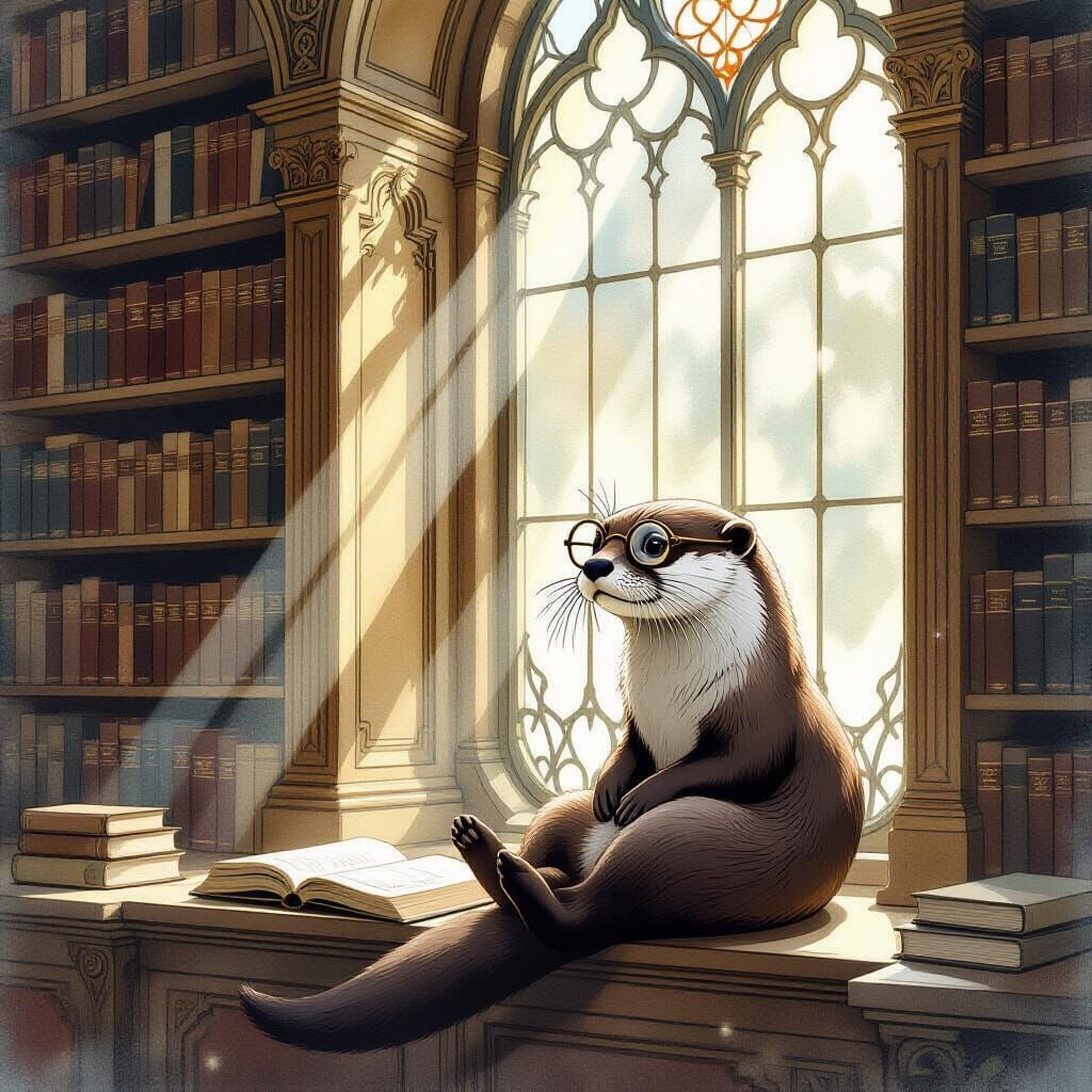 Otter in Ancient Library, Sunlight Shaft, Magical Realism