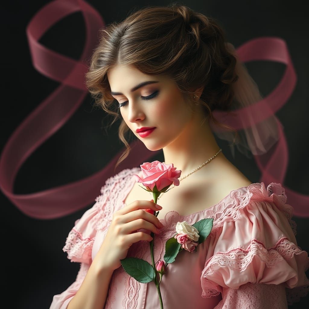 Victorian Woman in Pink with Rose, Double Exposure