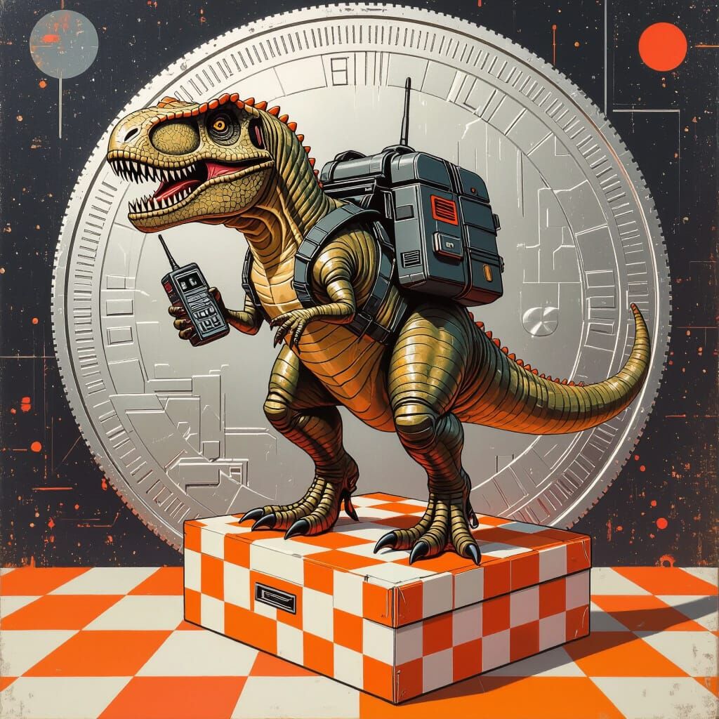T-Rex on Coin with Walkie Talkie in Retro-Futuristic Style