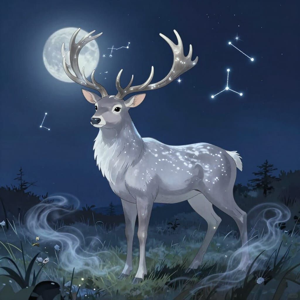 Majestic Stag With Constellation Antlers in Moonlight Meadow