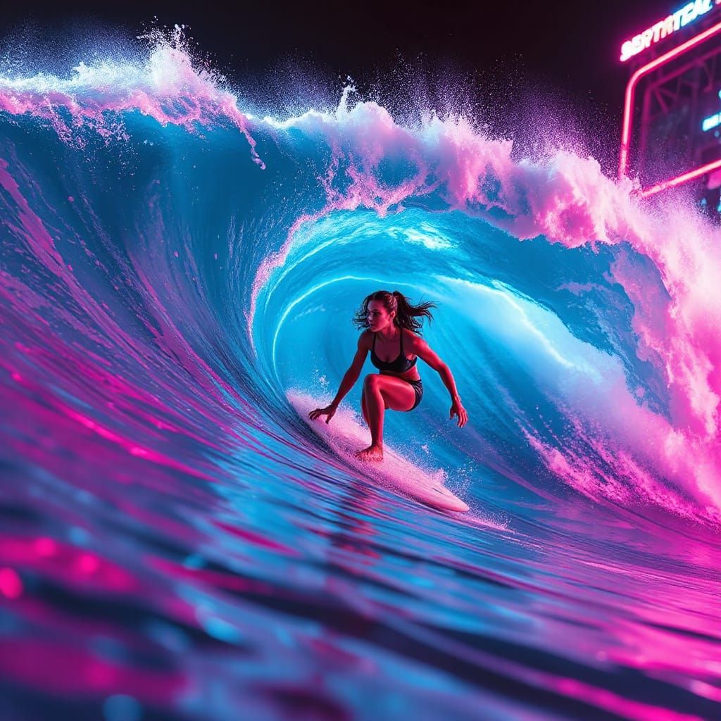 Cyberpunk Goddess Riding Hyper-Pink Wave