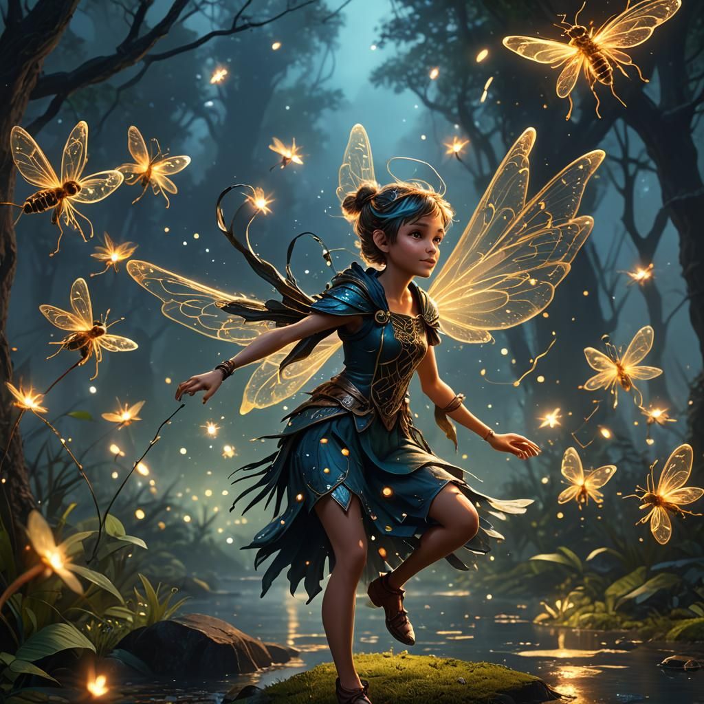 Pixie Dancing with Fireflies in Fantasy Concept Art
