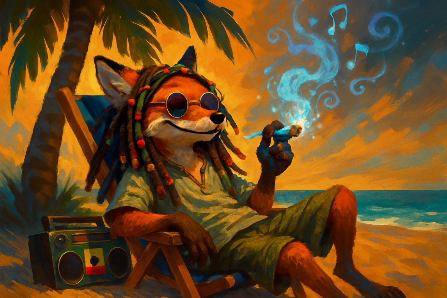 Rastafarian Fox Lounging on a Tropical Beach