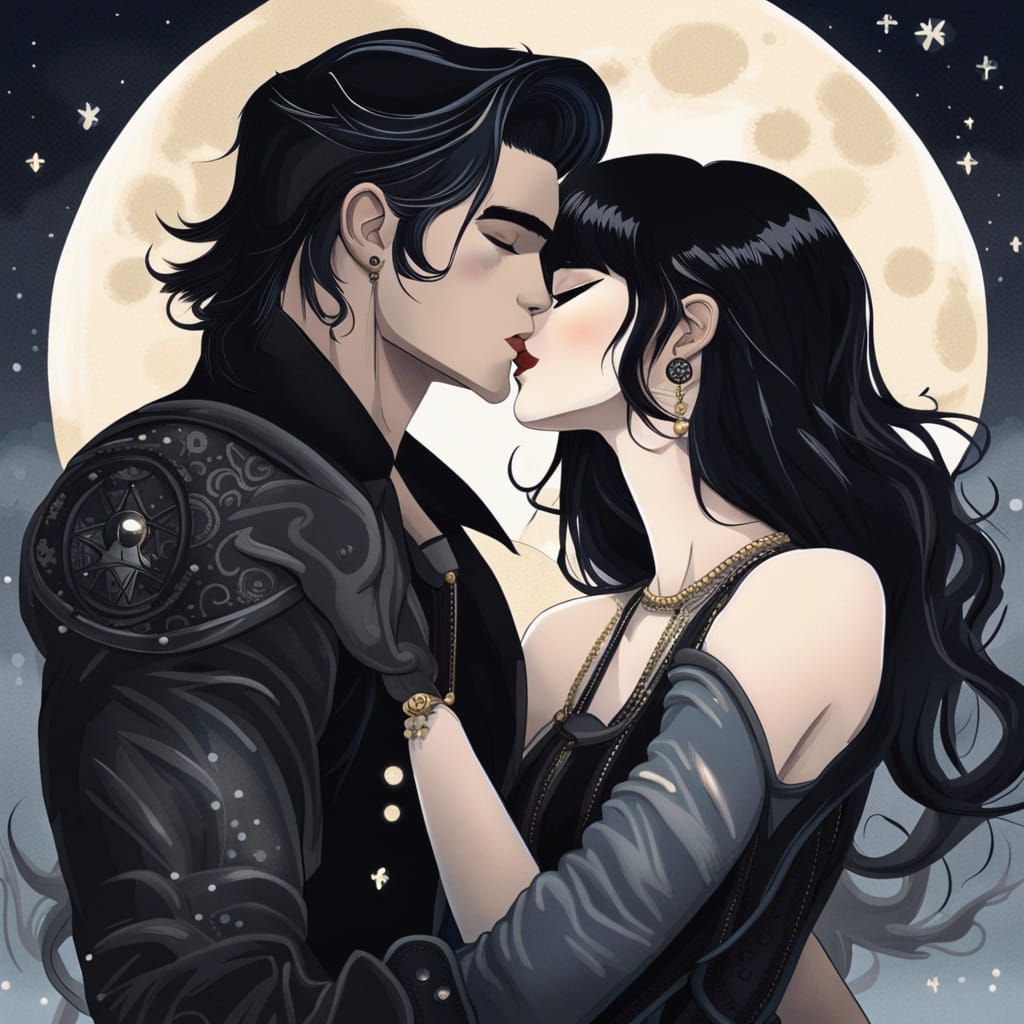 Anime Couple Kissing Under the Moon