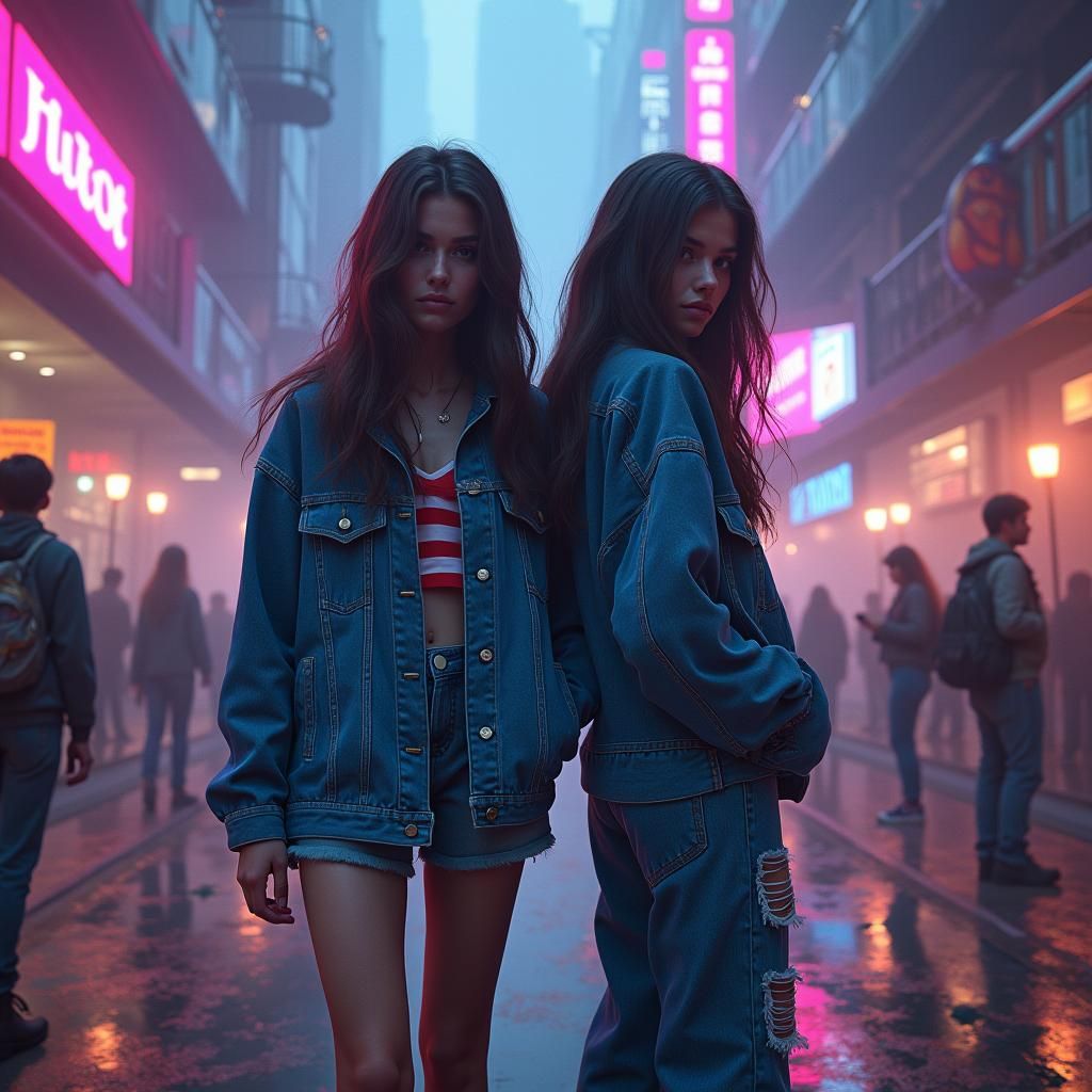 Gen Z Women in Neon Cityscape, Matte Painting