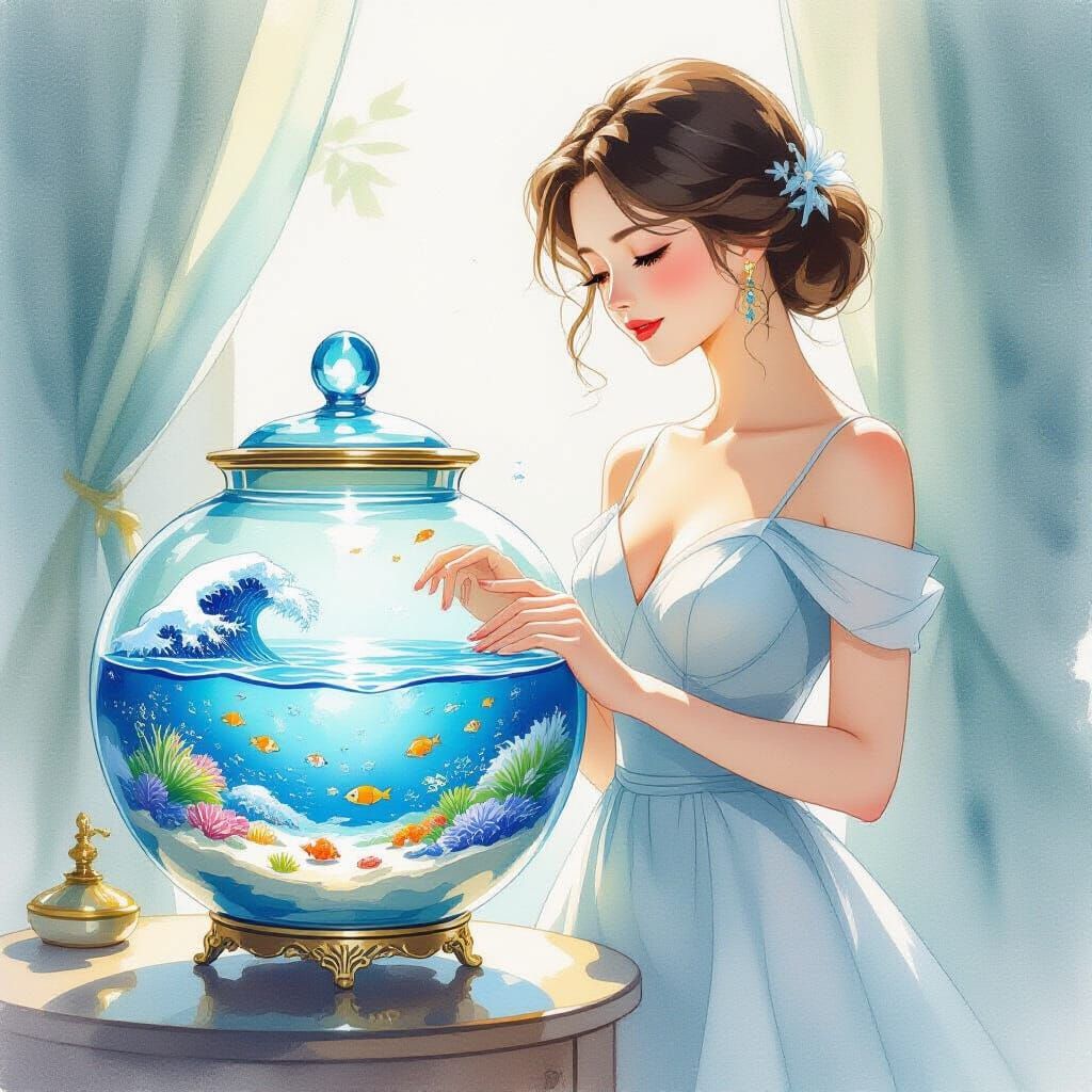 Woman with Miniature Ocean in Glass, Watercolor Style
