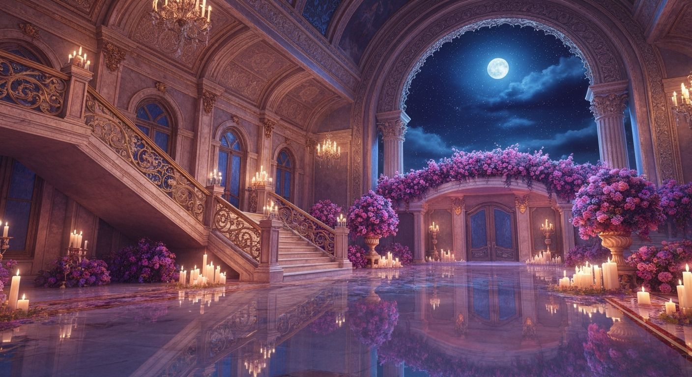 Ornate Palace Interior with Moonlit Archway