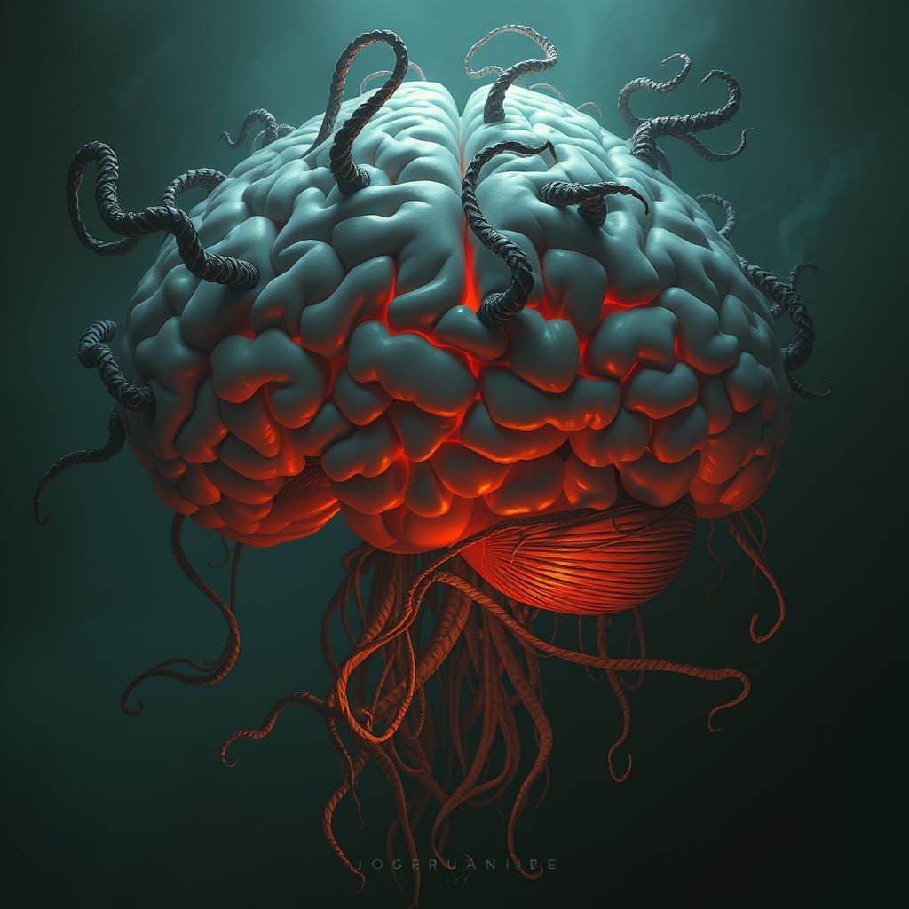 Surreal Brain with Tendrils of Darkness in Digital Painting