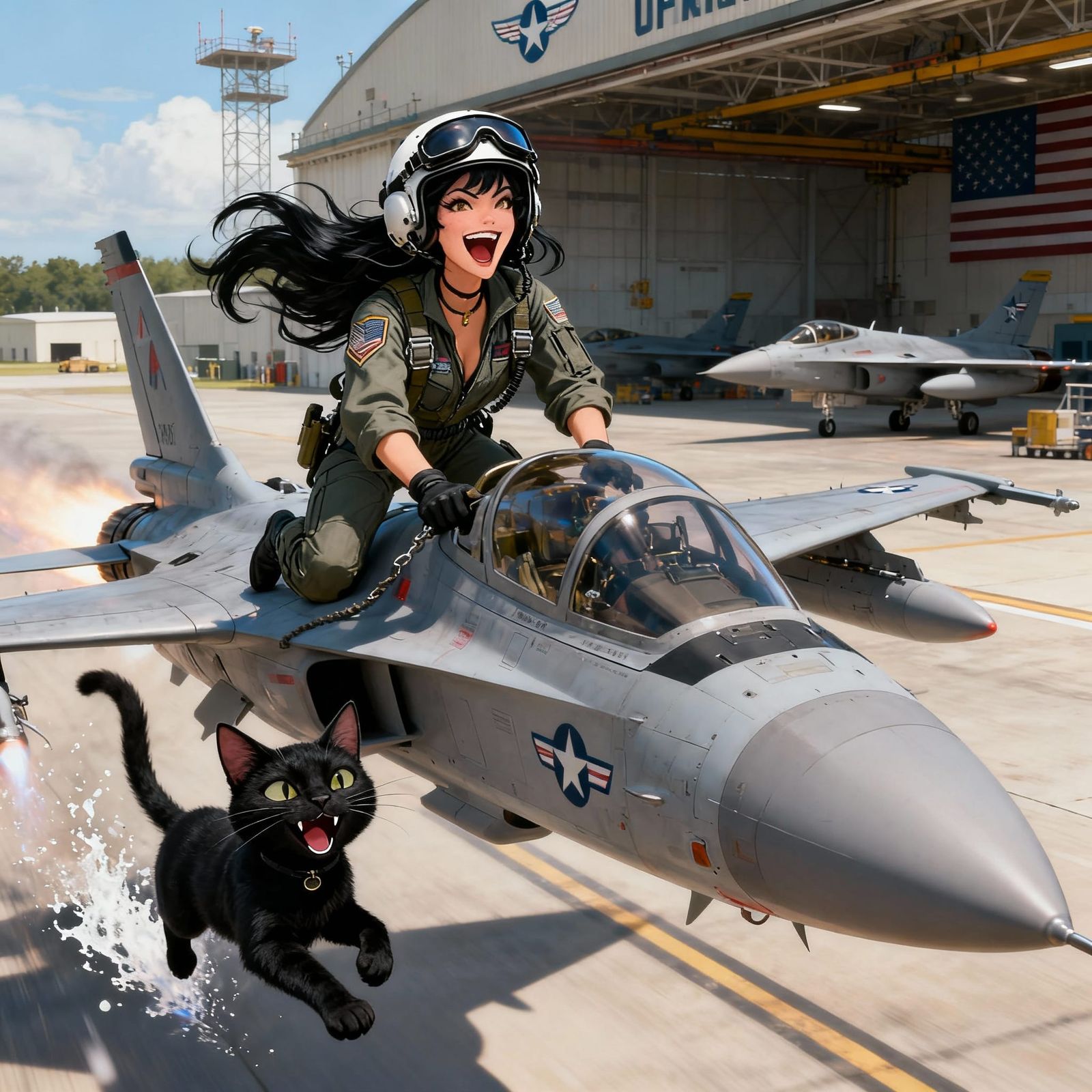 Woman Stealing Fighter Jet with Laughing Cat