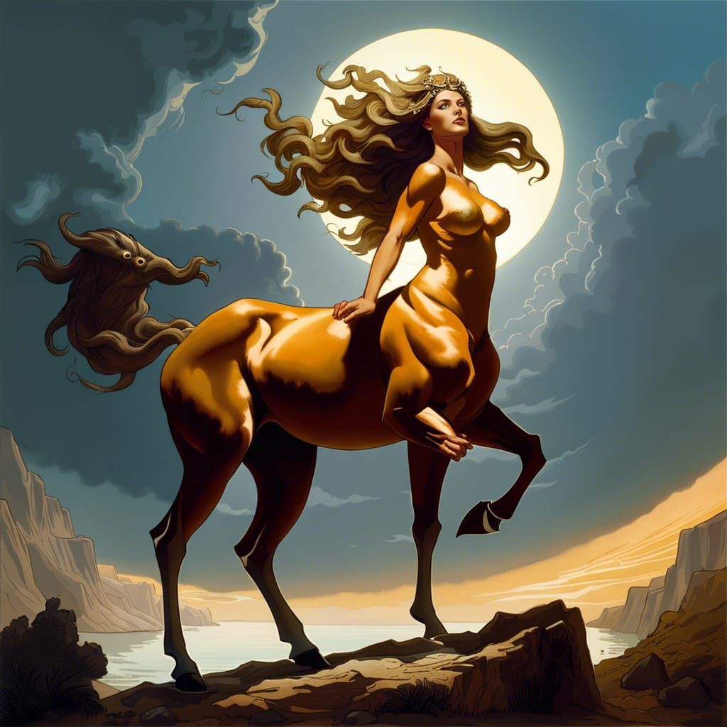 Mythological Female centaur, create image centaur, add ancient Greek female upper body features, hyper reflective