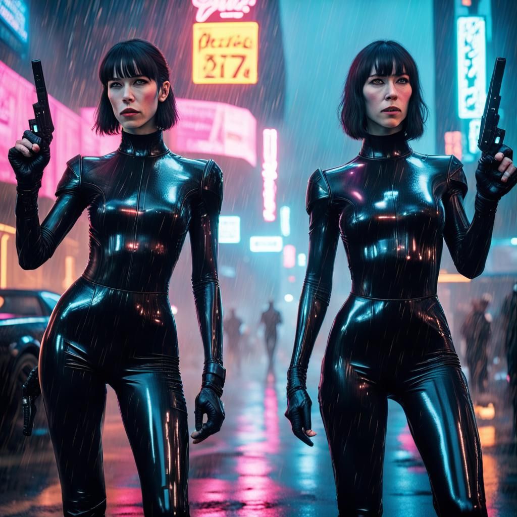 Cyberpunk Clones Pointing Guns in Rainy Street