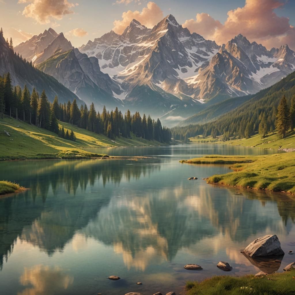Snow-Capped Mountains and Alpine Meadows Landscape