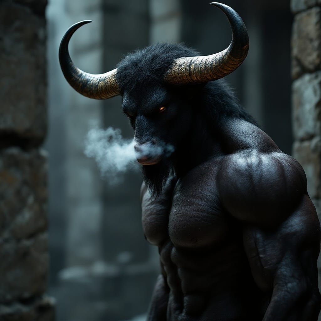 Mysterious Black Minotaur in Ancient Labyrinthine Shadows