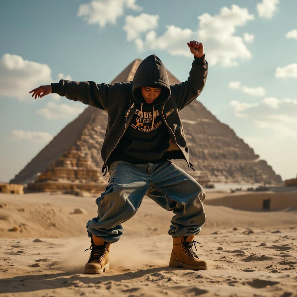 Hip-Hop Kid Breakdancing at Giza Pyramid in Cinematic Style