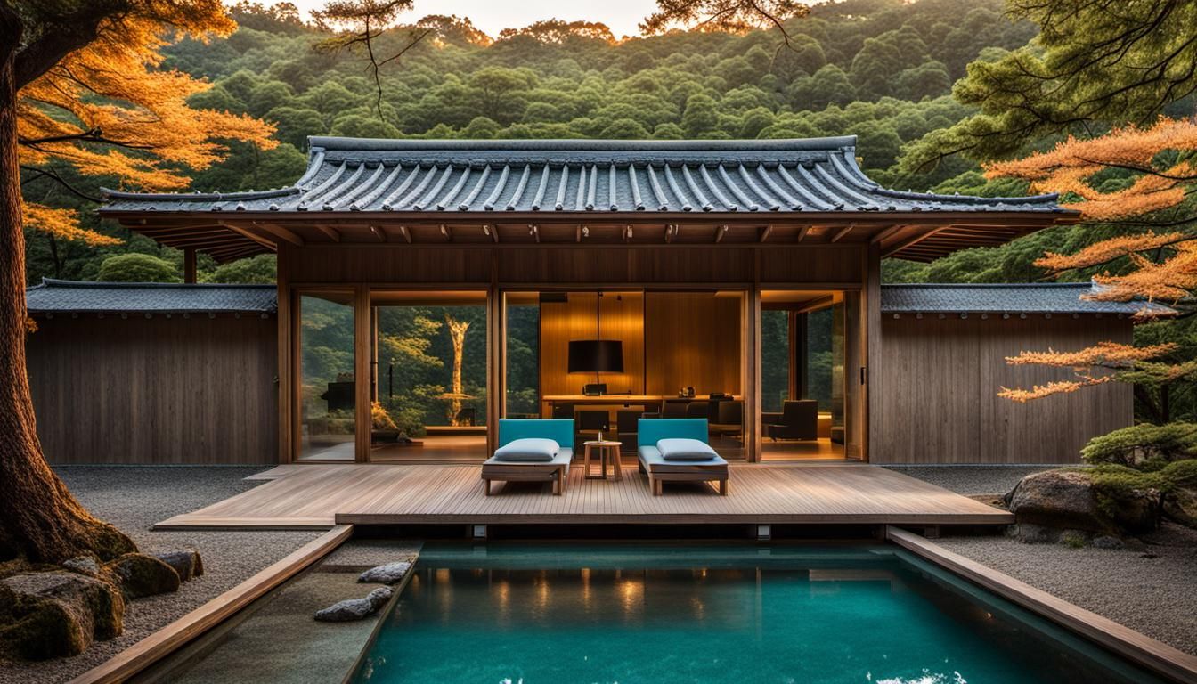 Minimalist Japanese Cabin in Castle Ruins at Sunset