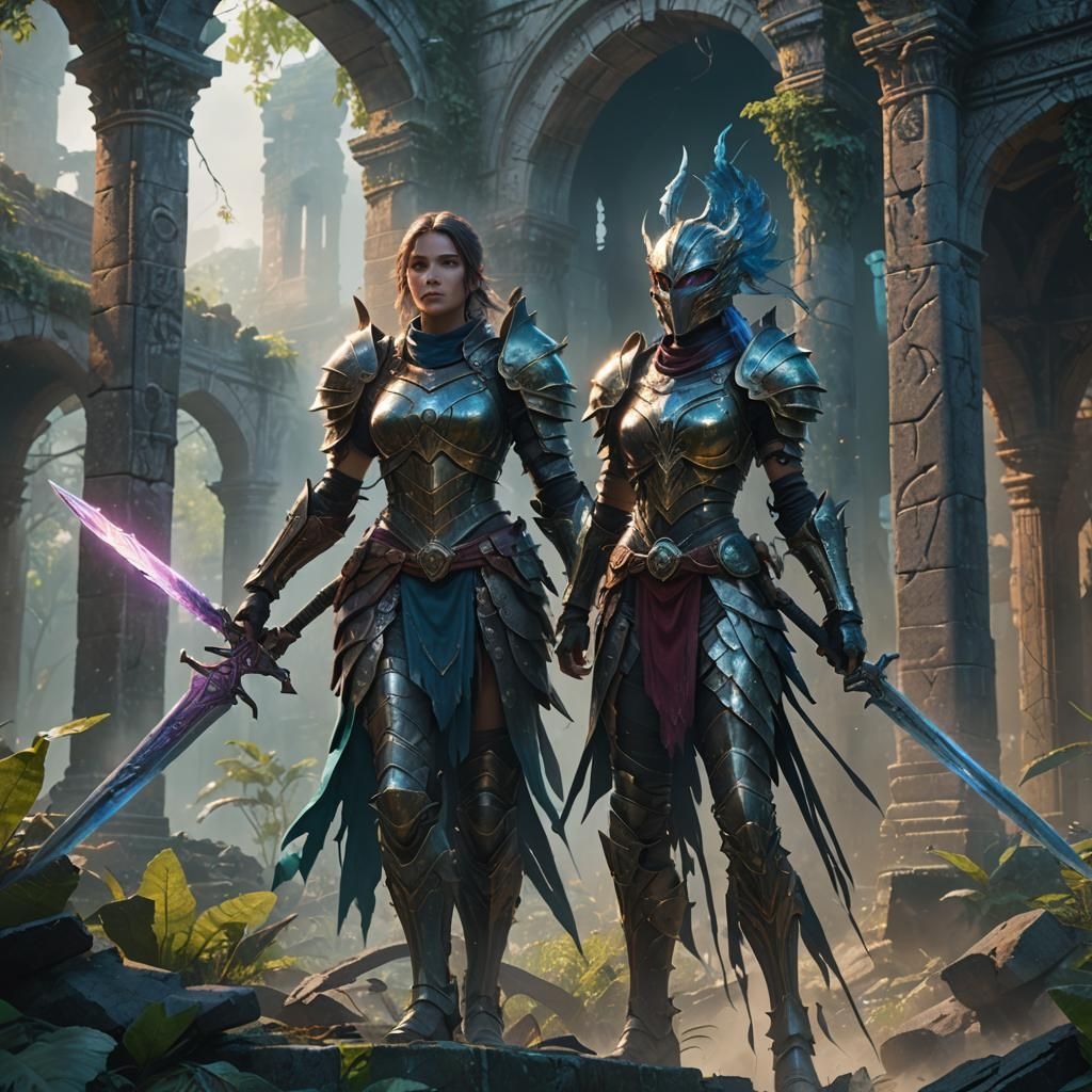 Armored Woman Battles Monster in Ancient Ruins