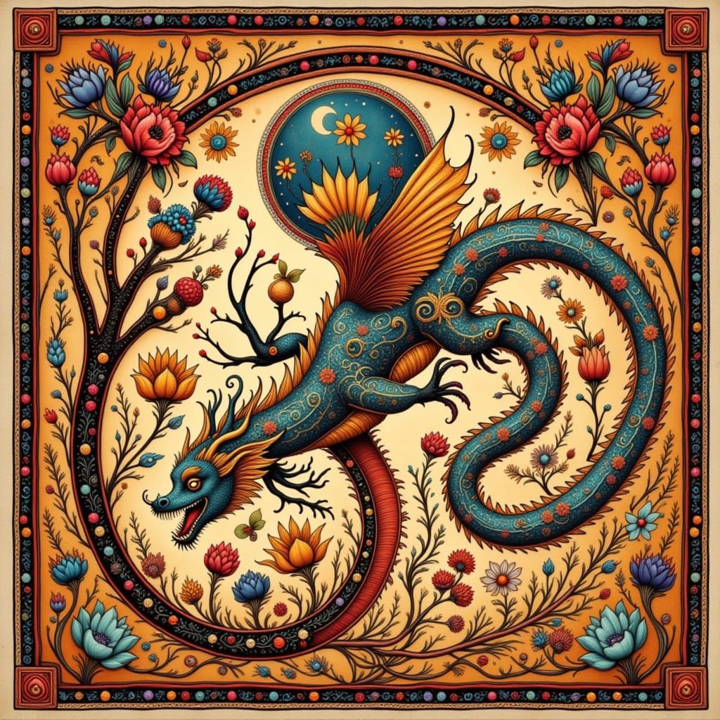 Folk Art Nouveau Dragons in Gingham World