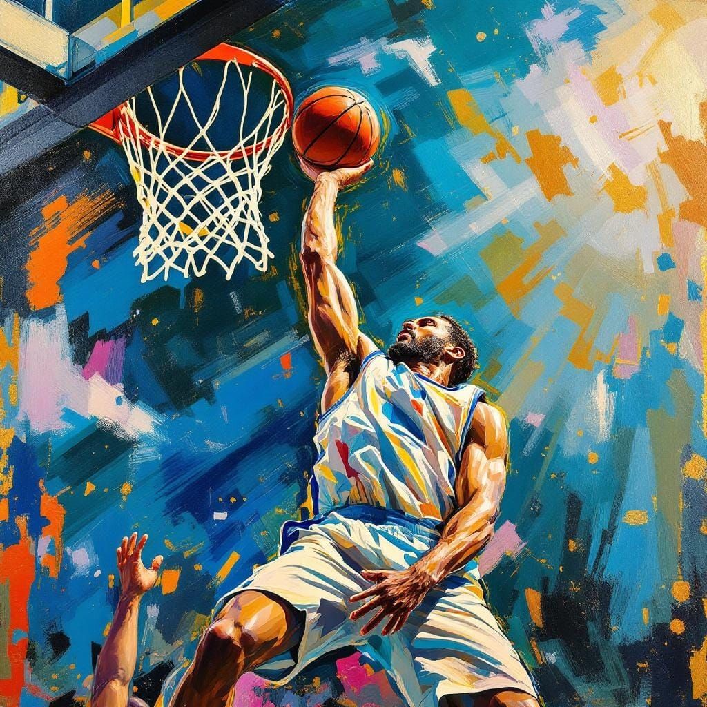 Basketball Slam Dunk in Impressionistic Oil Painting Style