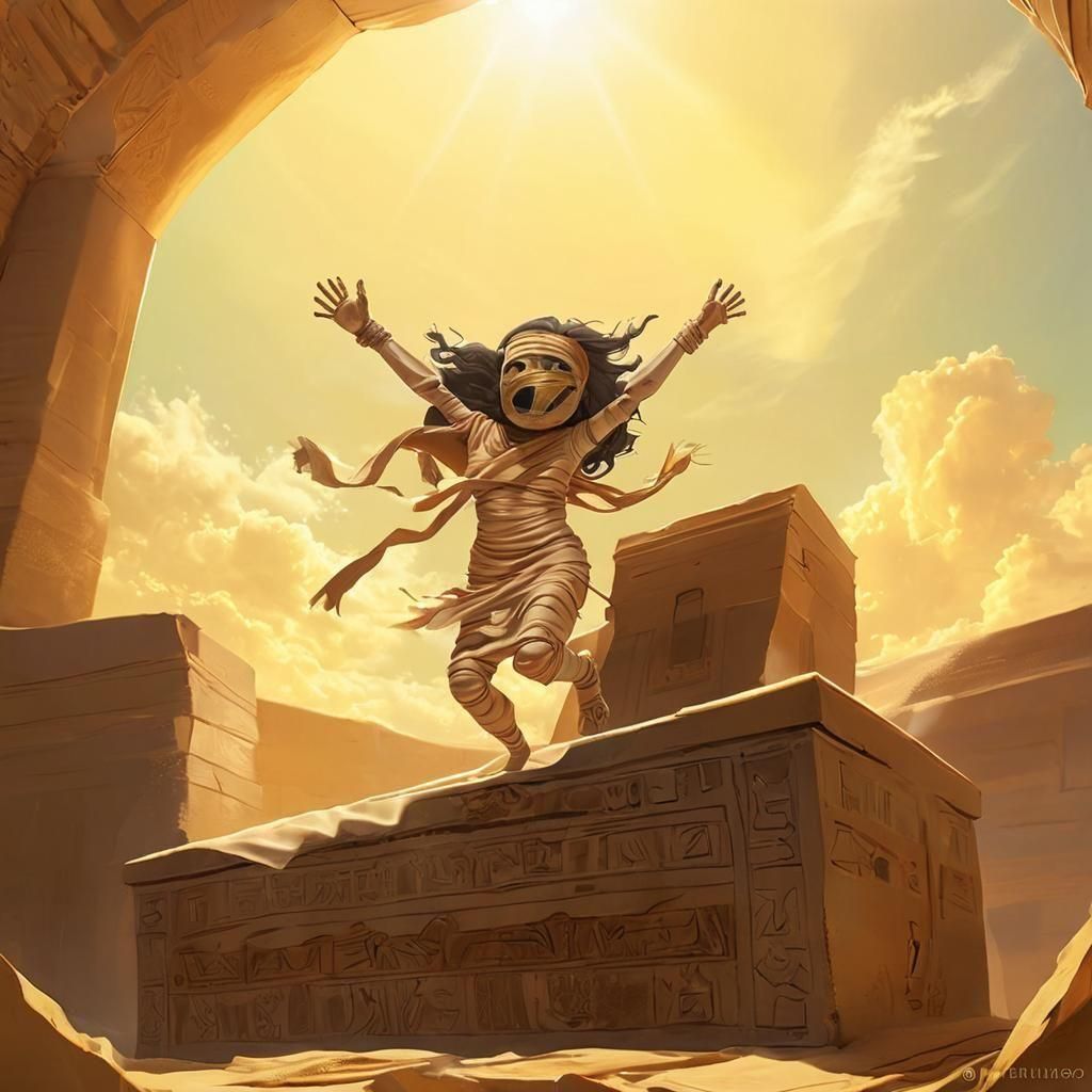Vibrant Mummy Leaps from Sarcophagus in Sunlight