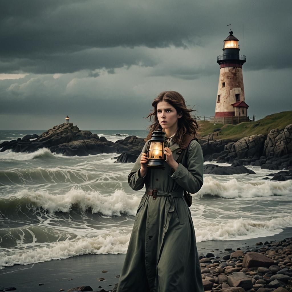 Anna Kendrick by Lighthouse in Stormy Cinematic Scene