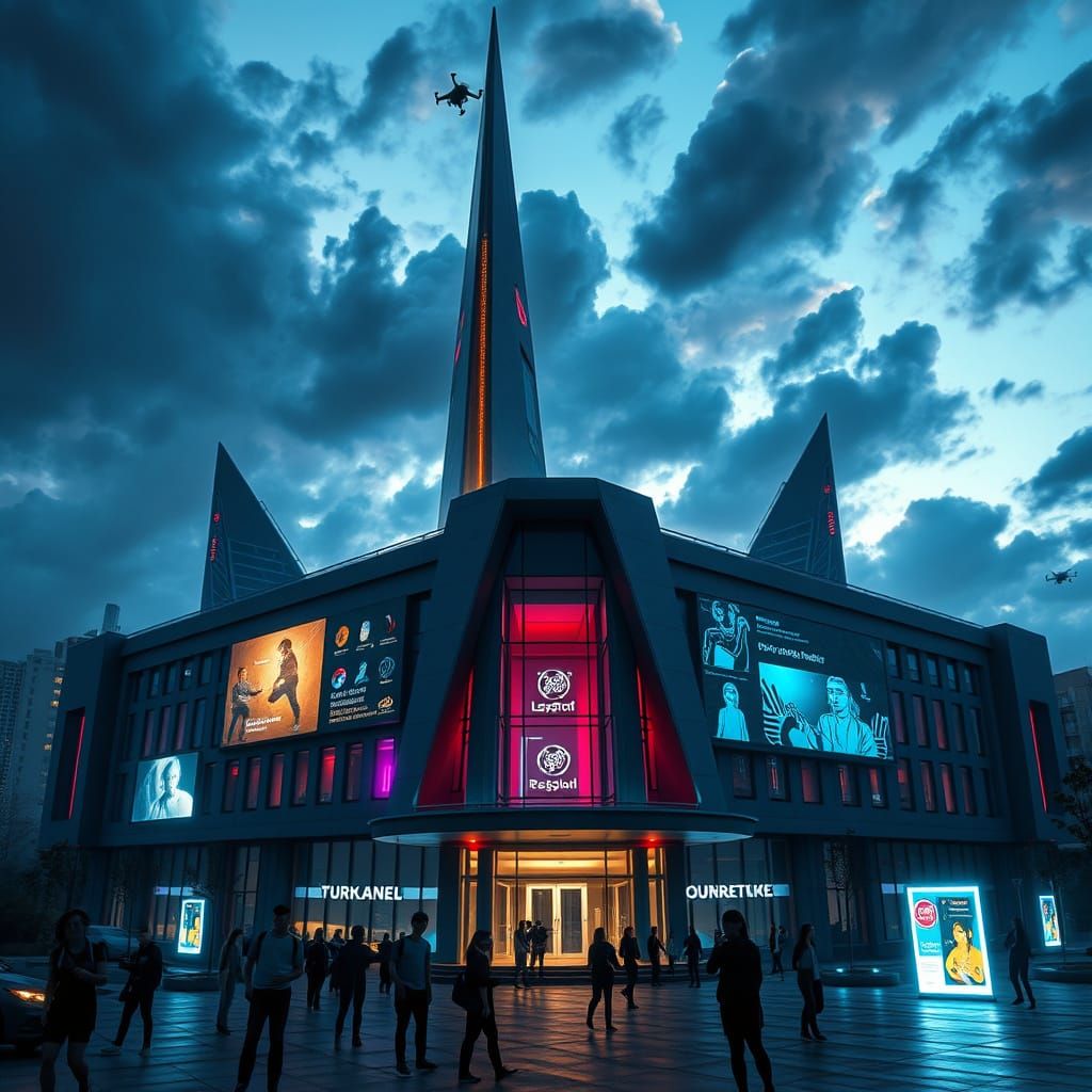 Cyberpunk Futuristic School Building with Holographic Advert...