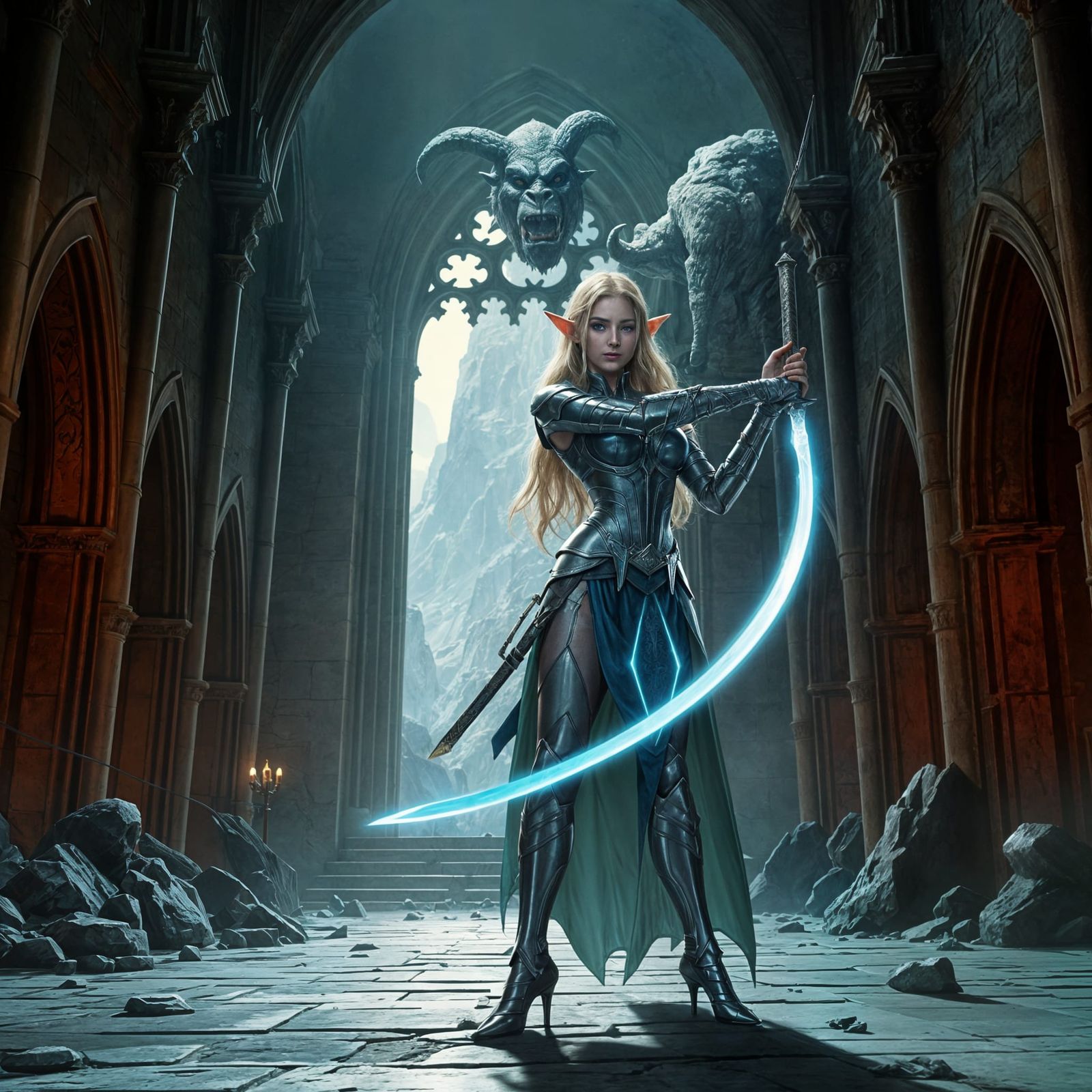 Elven Princess Ready to Fight Mountain Troll