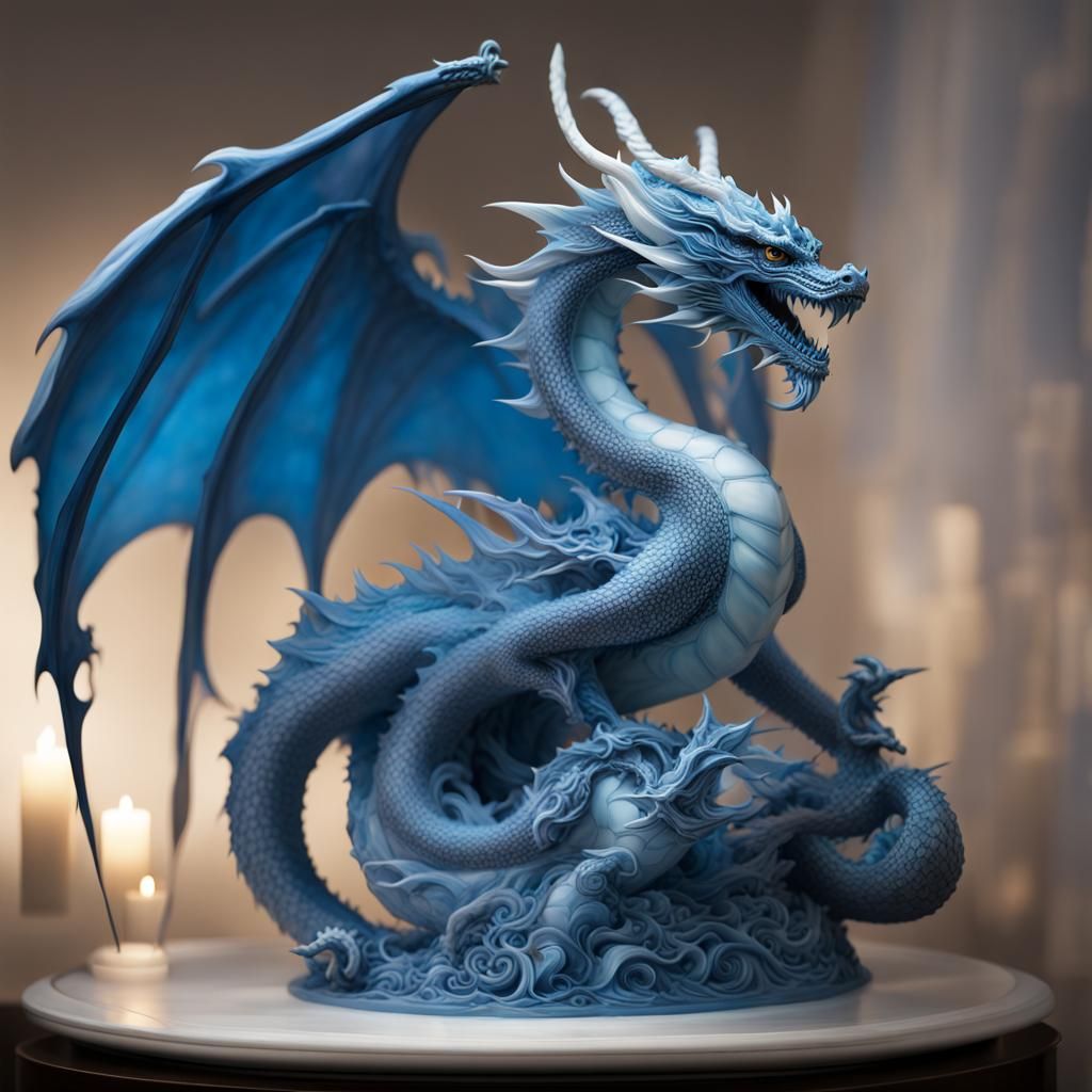 Ethereal Blue Dragon Sculpture in Dreamlike Setting