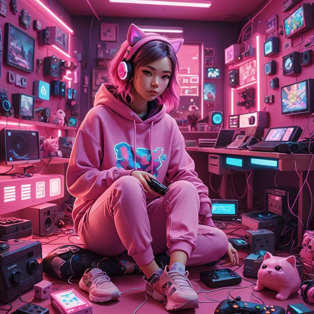 Neko Girl Gamer in Neon Gaming Room