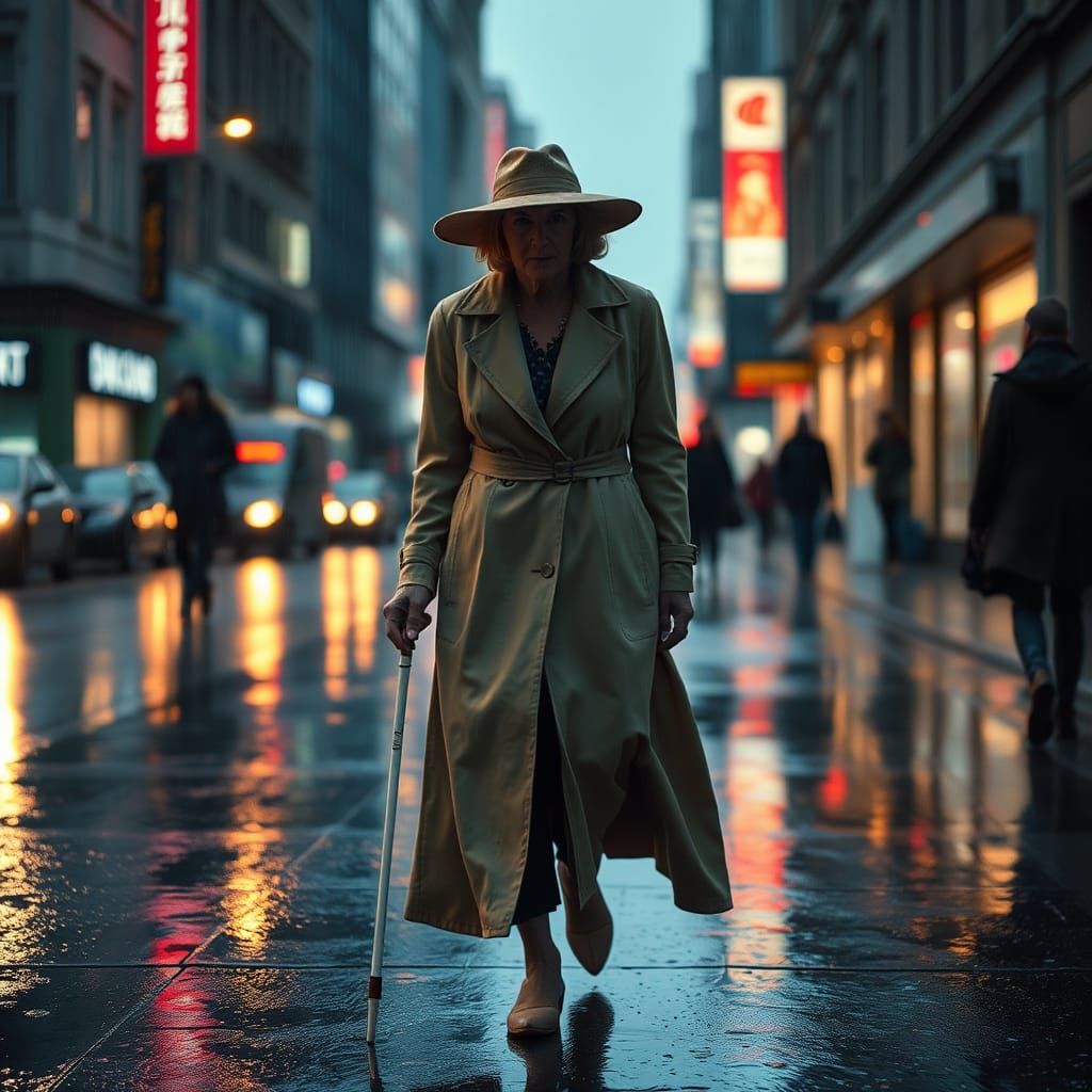 Rainy City: Blind Woman's Journey in Hyperrealism