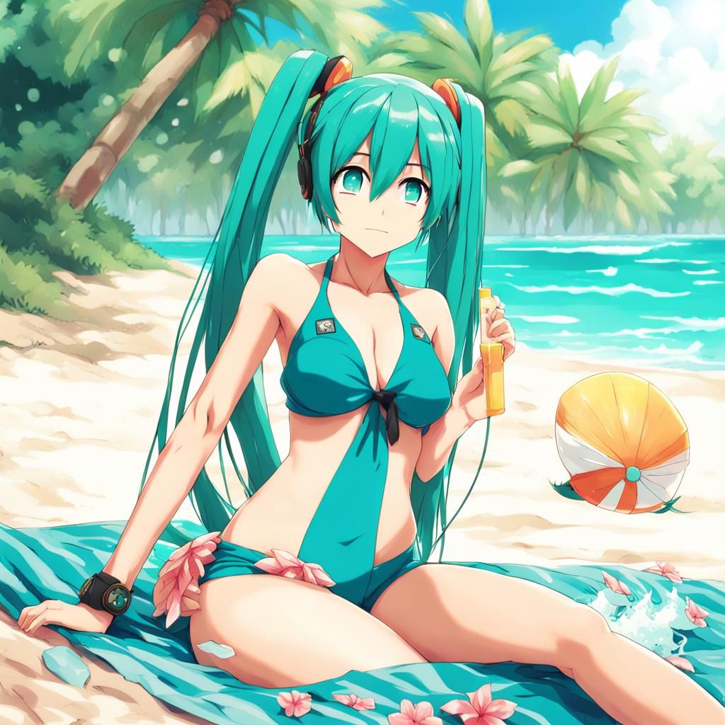 Hatsune Miku Sunbathing on Tropical Beach, Anime Style