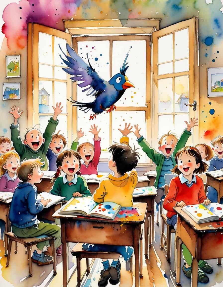 Pigeon Disrupts Classroom: Watercolor Storybook Illustration