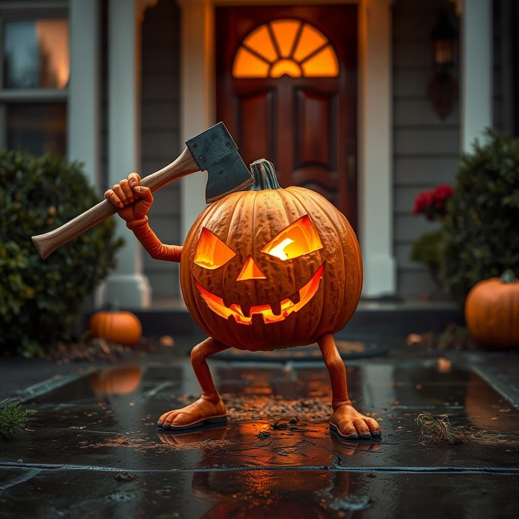 Axe Splits Anthropomorphic Pumpkin with Fiery Eyes