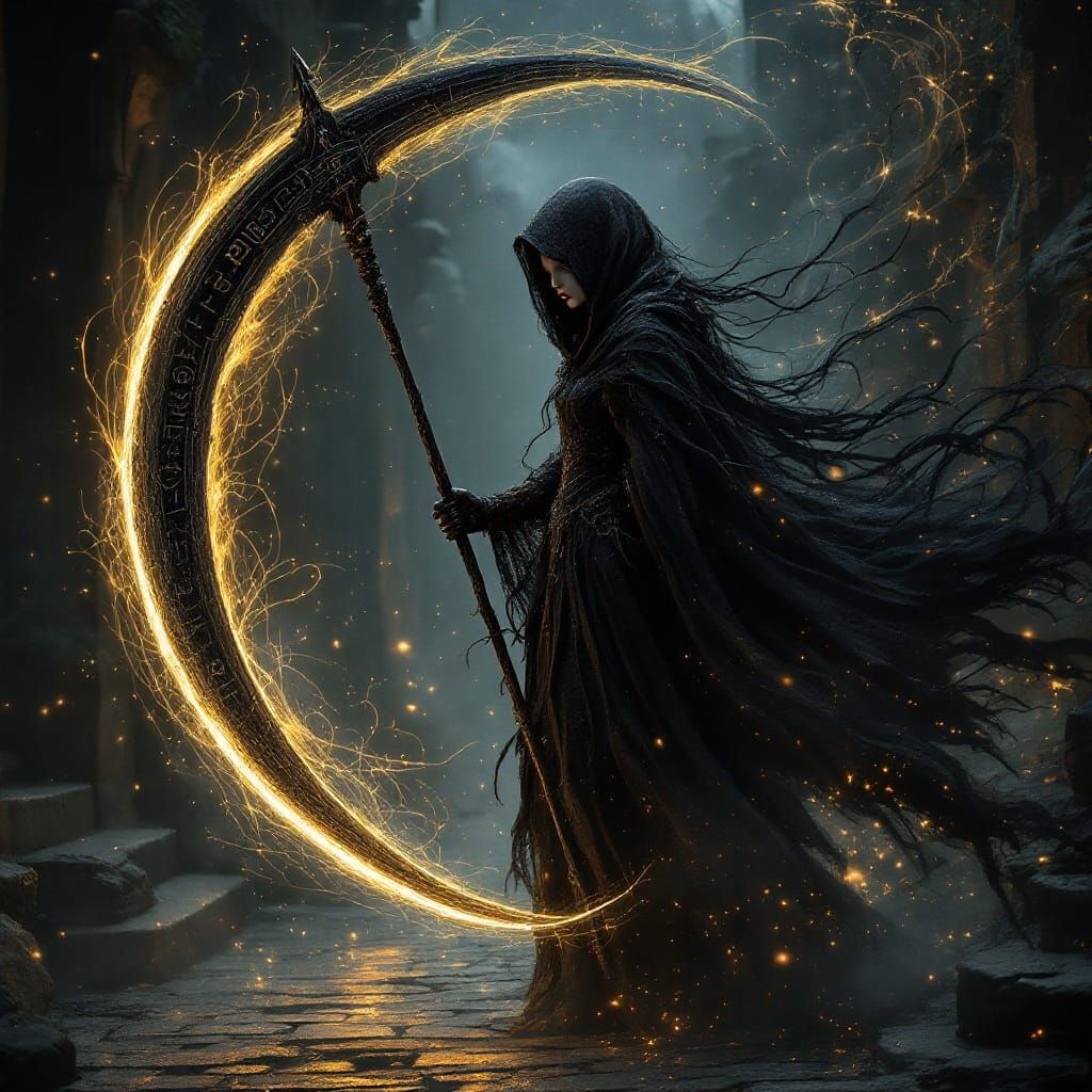 Ethereal Female Figure in Black Glass with Golden Glow and C...