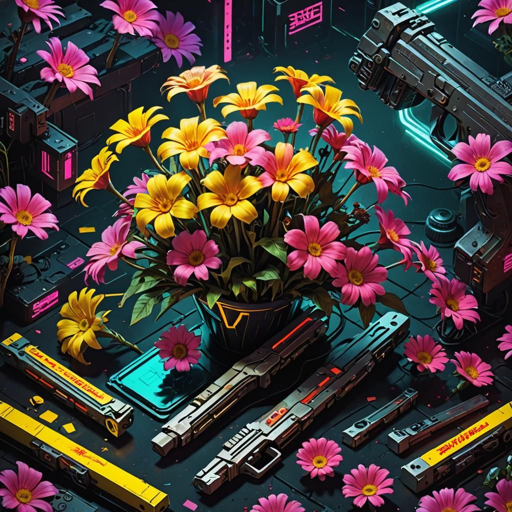 Cyberpunk Flowers Album Cover in Neon Style