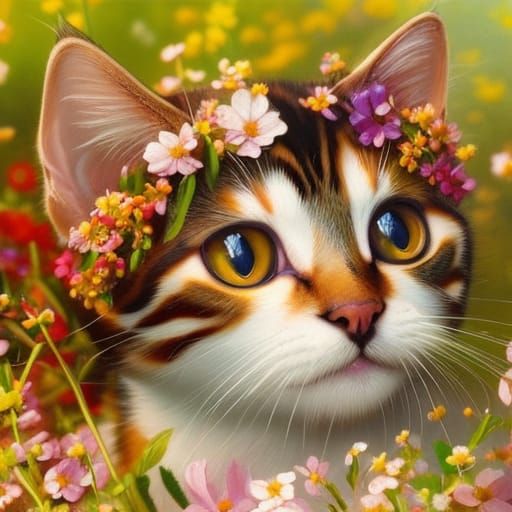 Adorable Chibi Cat Covered in Flowers, CGI Anime