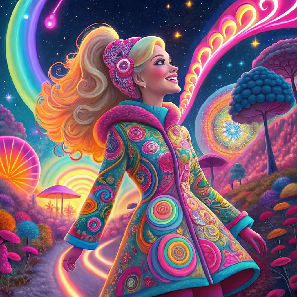 Radiant Barbie Doll in Psychedelic Pop Art Style