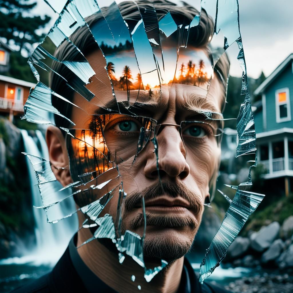 Surreal Shattered Mirror Face in Dreamscape