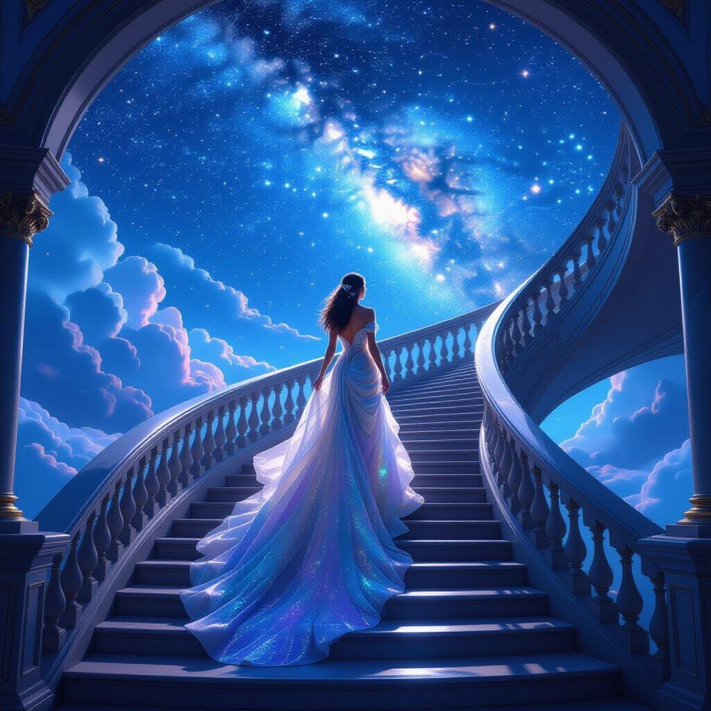Woman Ascending Stairway to Starry Sky