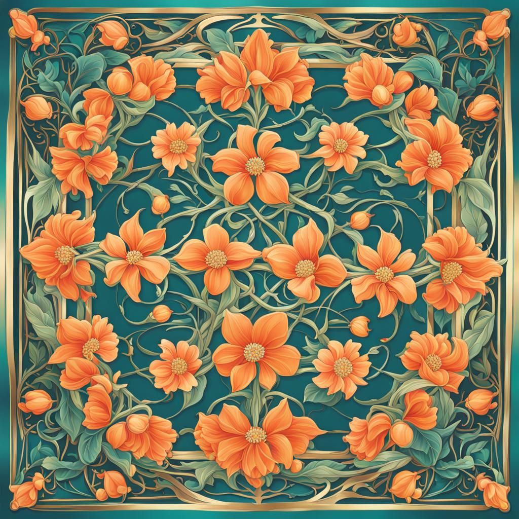 Art Nouveau Peach Floral Pattern with Gold Outlines