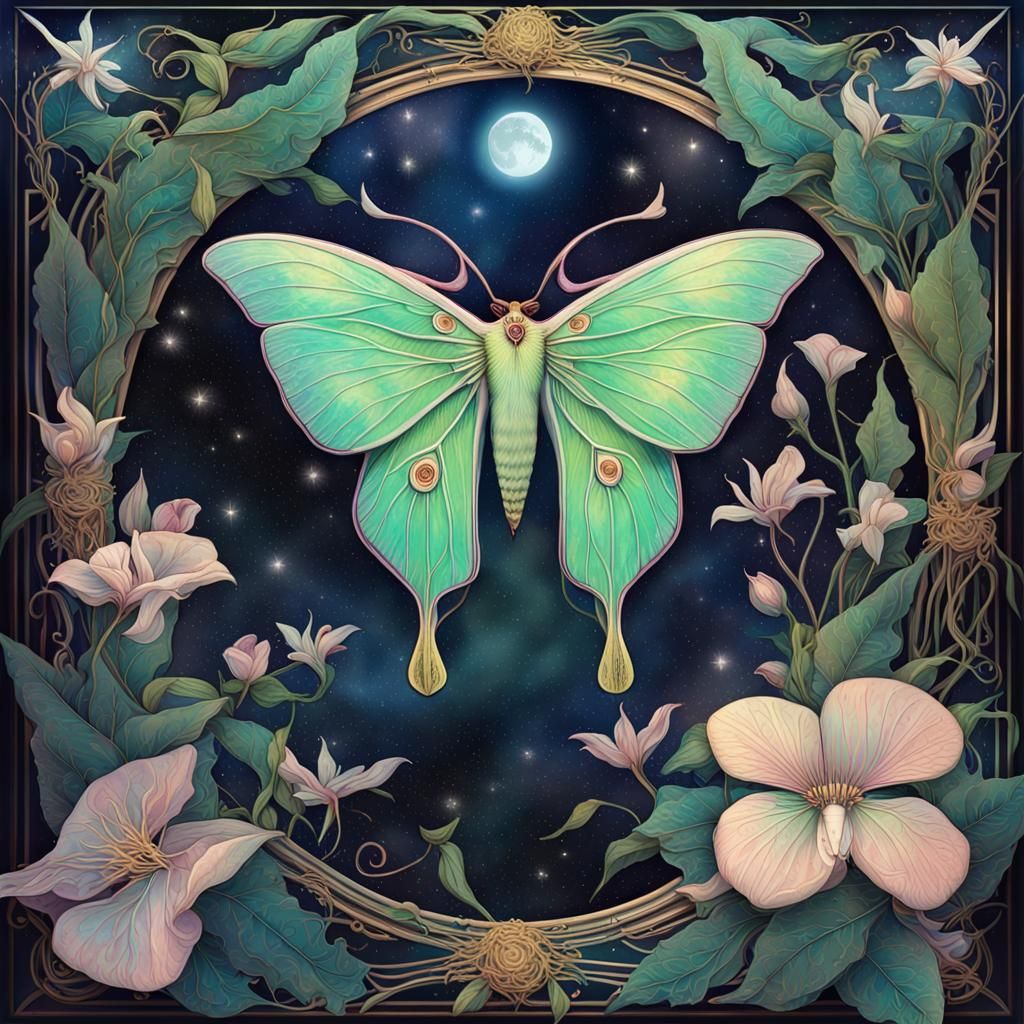 Art Nouveau Luna Moth and Starry Night