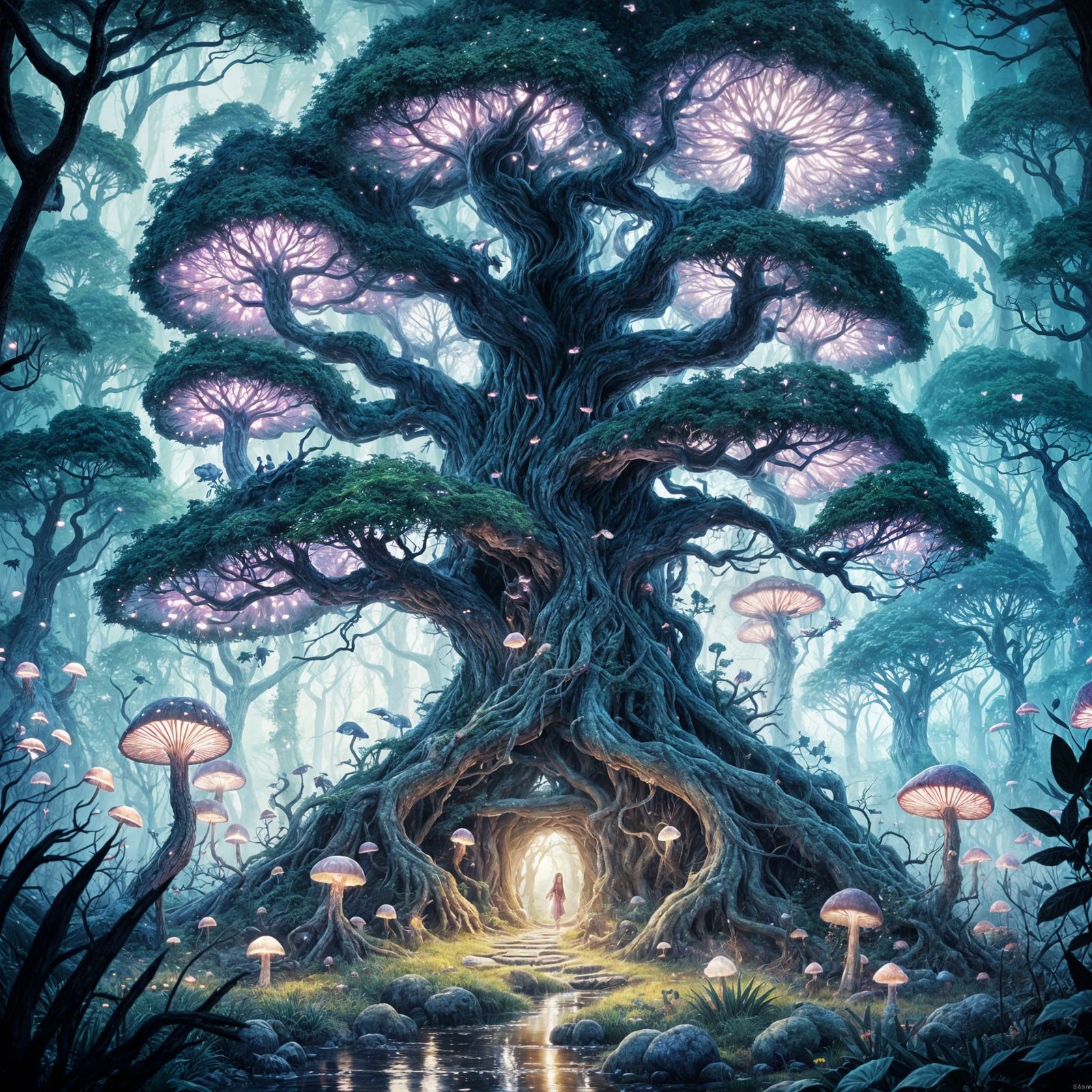Enchanted Ancient Tree in Bioluminescent Fairy Grove
